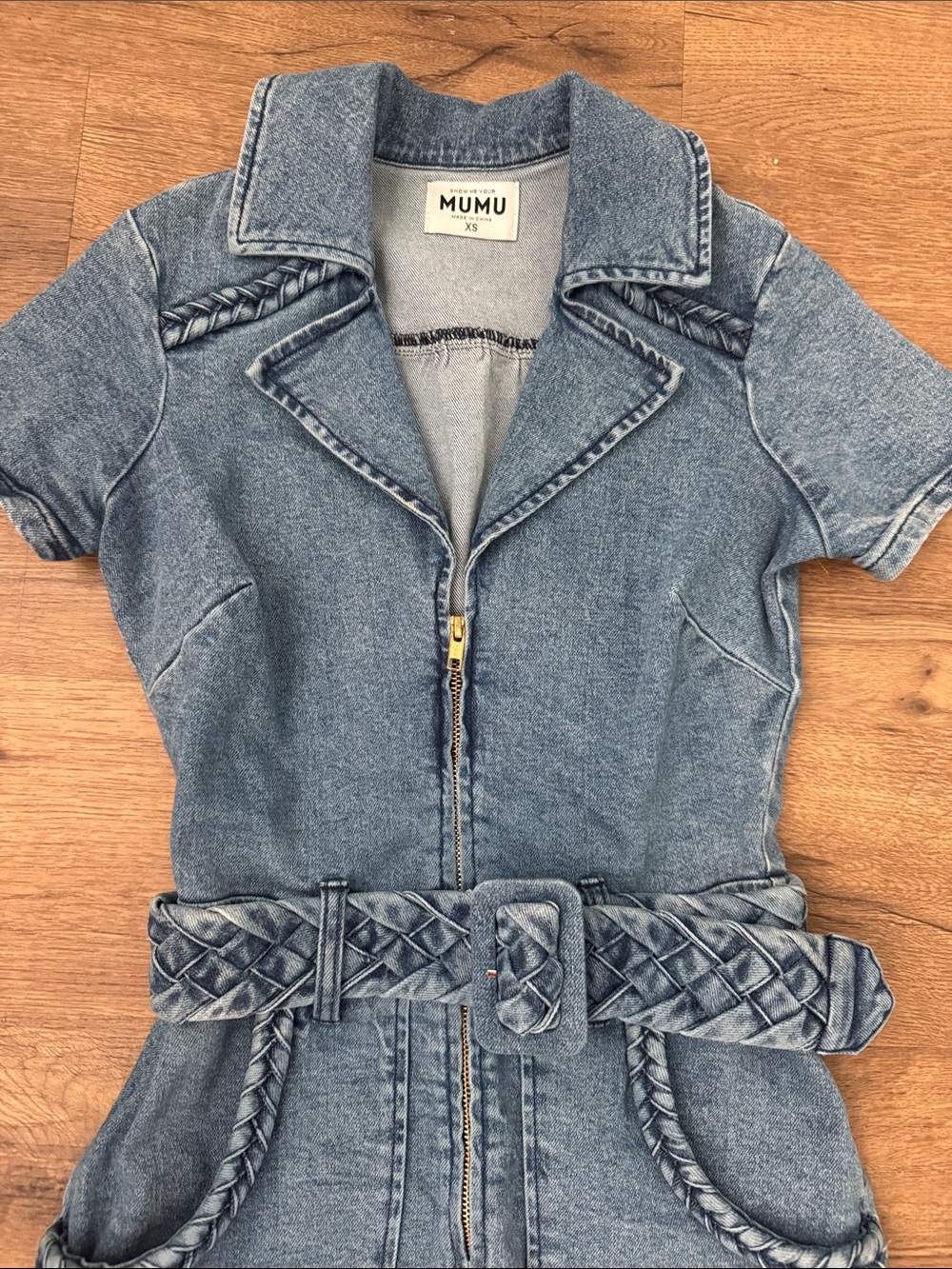 Show Me Your MuMu Light Wash Denim Mini Dress with Braided Belt - Picture 6 of 8